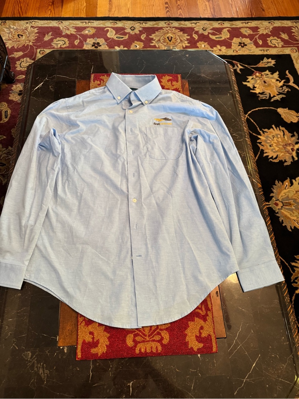 Perry Ellis Men’s Medium Blue Button Down Shirt First Midwest Logo Cotton